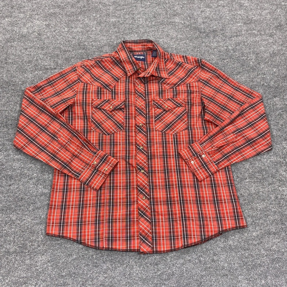 Wrangler Western Pearl Snap Shirt Mens XL Red Black Plaid Long Sleeve Cowboy